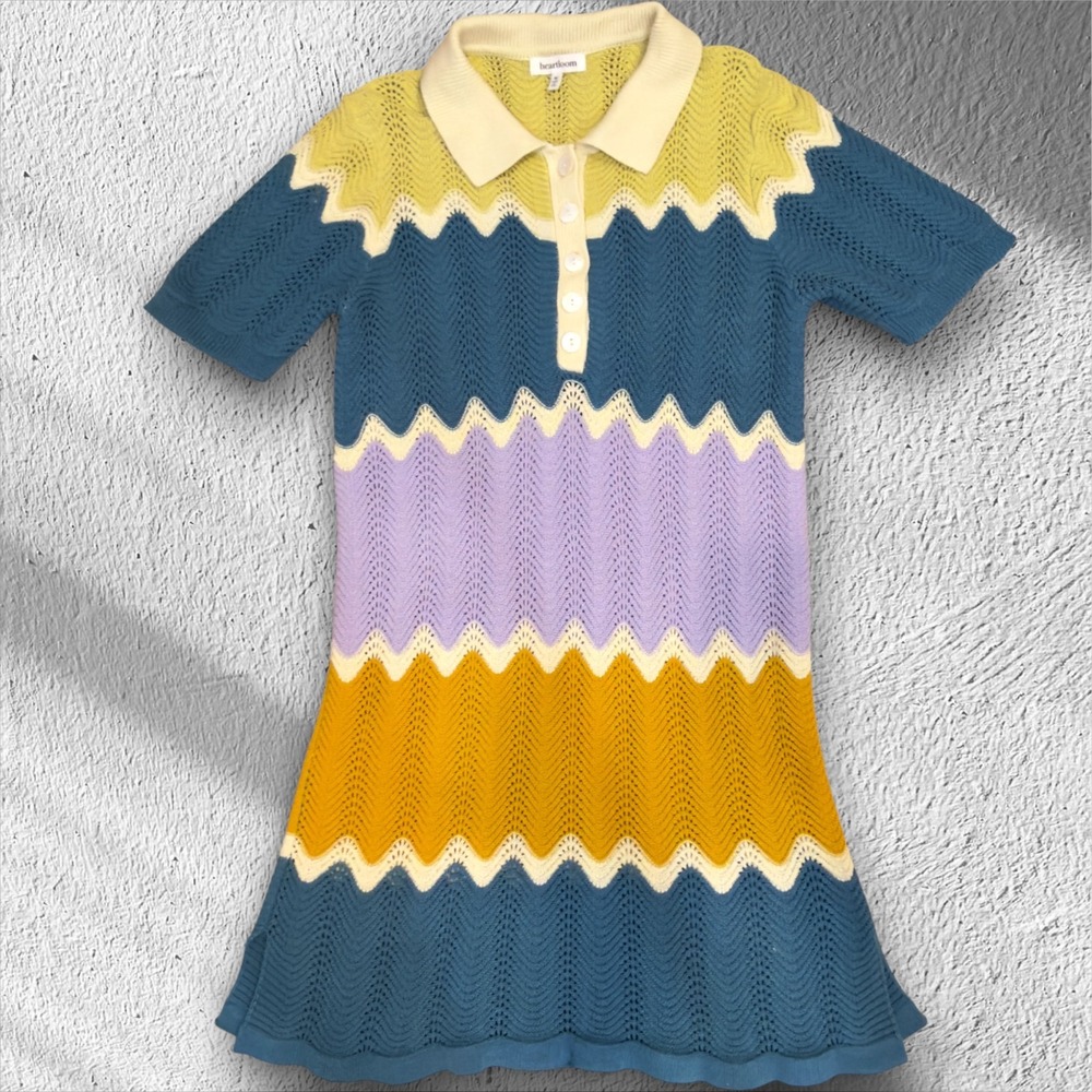 Heartloom‎ Crochet Knit Polo Dress M Colorblock Zig Zag Stripe Cotton Retro Mod